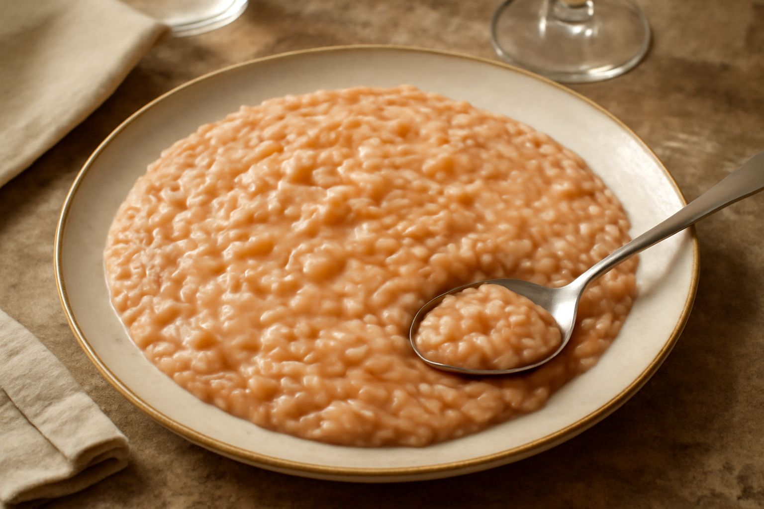 Piatto di risotto al Lambrusco servito in ciotola bianca, colore giallo cremoso con riflessi rosa delicati dal vino, mantecatura visibile, burro e formaggio grattugiato in superficie, decoro di prezze