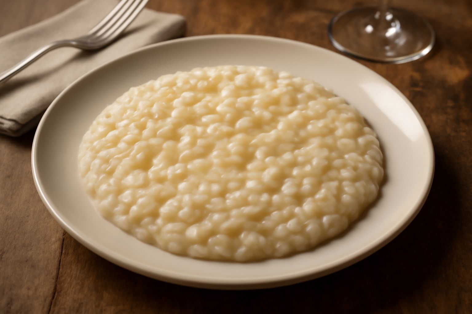 Risotto al Moscato d'Asti servito in un piatto fondo bianco, con chicchi di riso bianchi e traslucidi circondati da un cremor beige chiaro, guarnito con una fogliolina di menta fresca e un filo d'olio