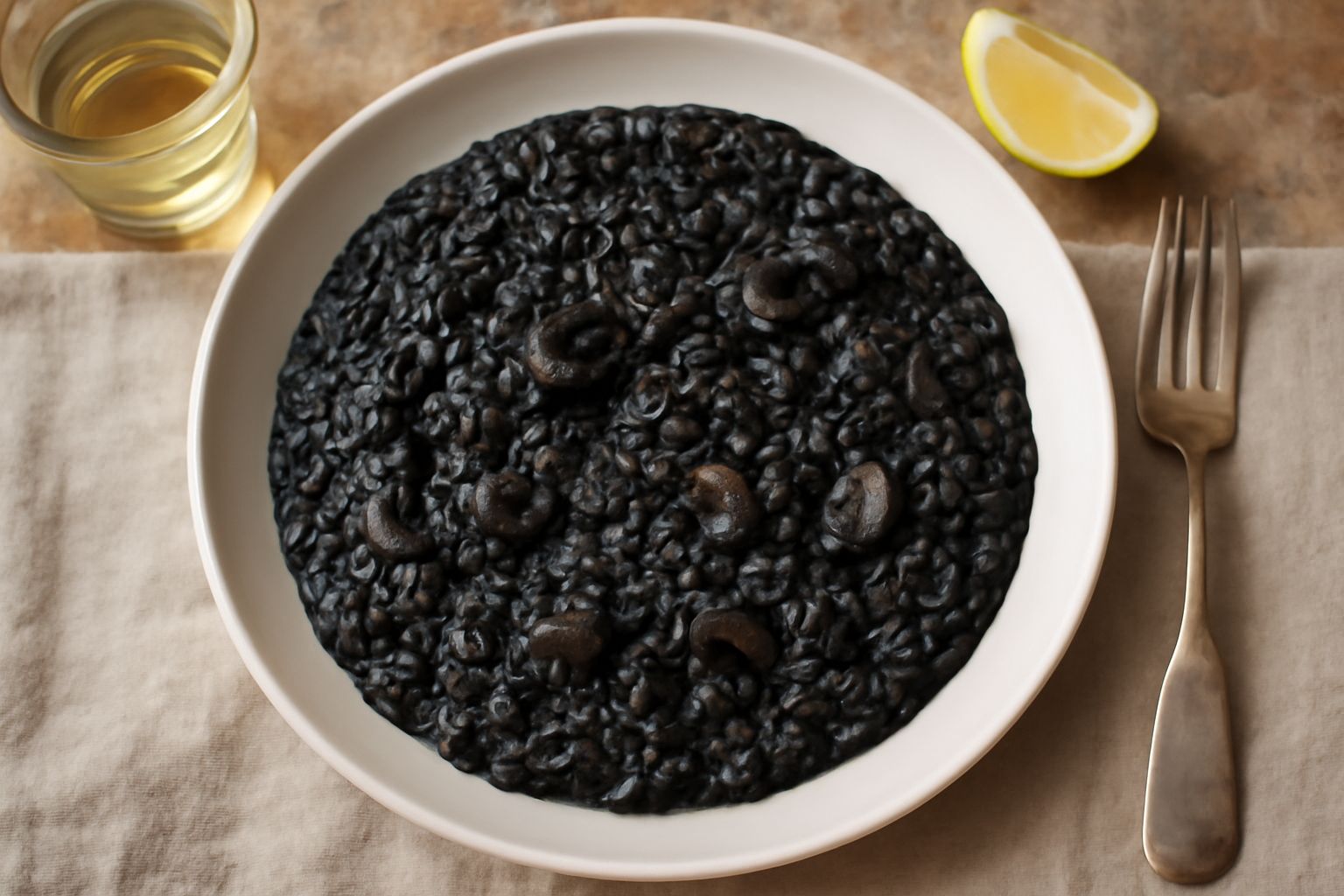 Piatto fondo bianco con risotto cremoso dal colore nero intenso, pezzi di seppia tenera sparsi uniformemente, guarnito con una fogliolina di prezzemolo fresco verde e filo di olio di oliva al centro