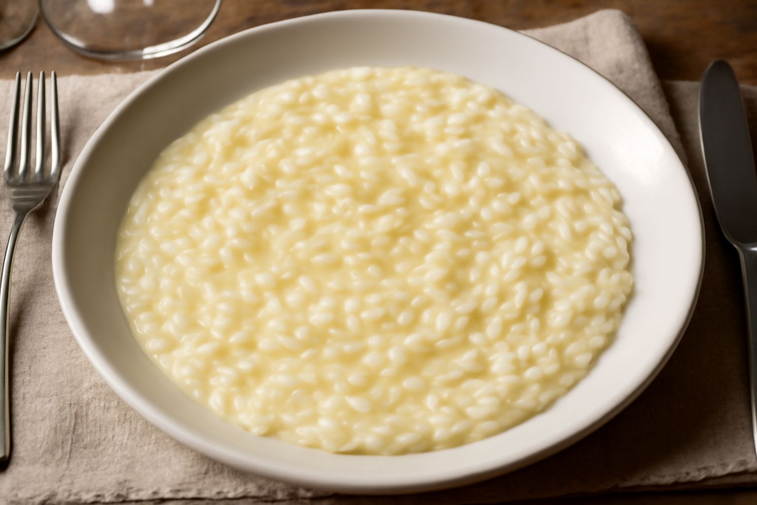 Risotto al Nosiola in piatto fondo bianco, cremoso e di colore bianco avorio, con gocce di burro lucido in superficie, guarnito da filo di prezzemolo fresco e grana grattugiato, su tavolo di legno nat