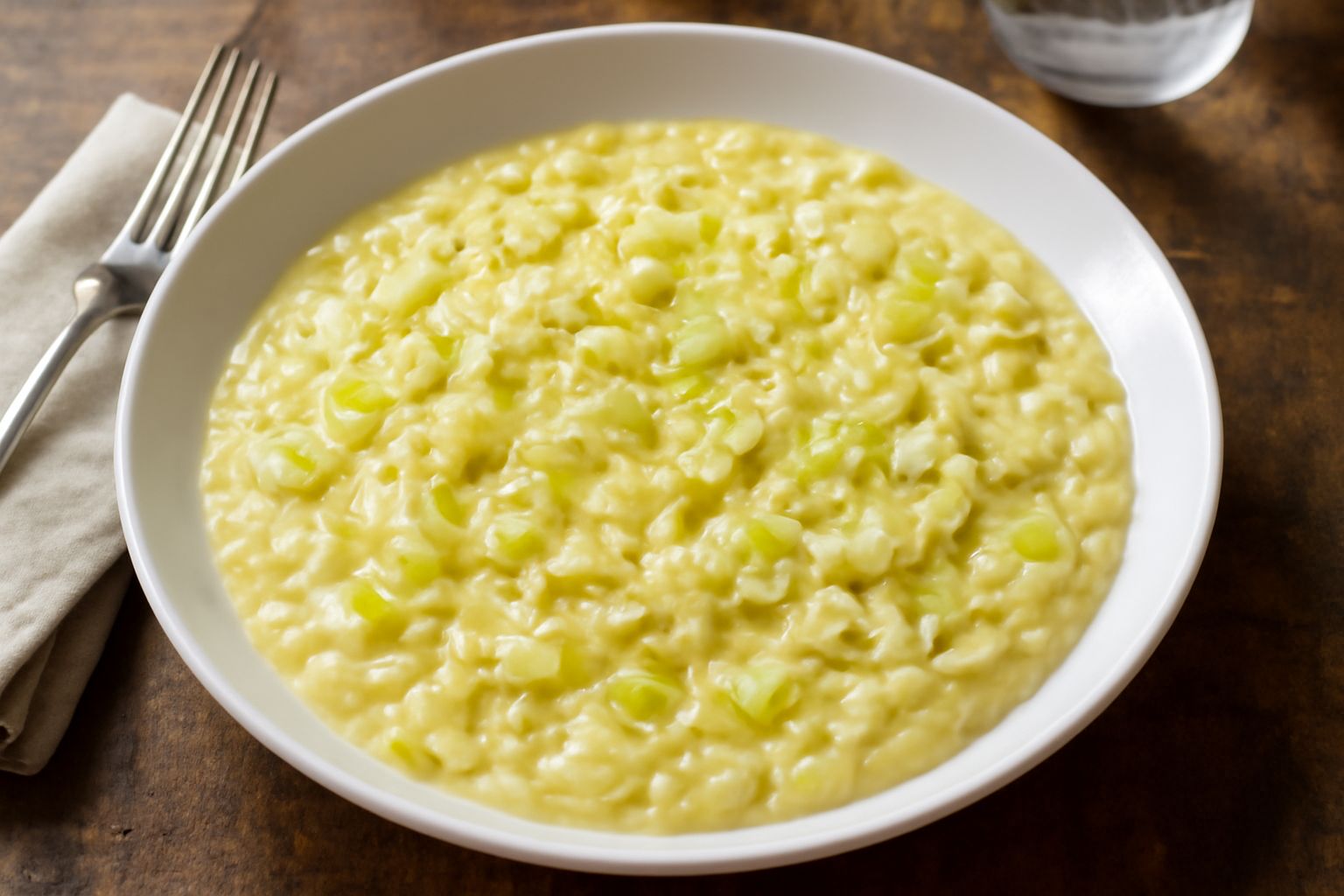 Piatto di risotto al porro bianco crema con fili di porro verde pallido sparsi in superficie, burro lucido e parmigiano grattugiato, su fondo scuro