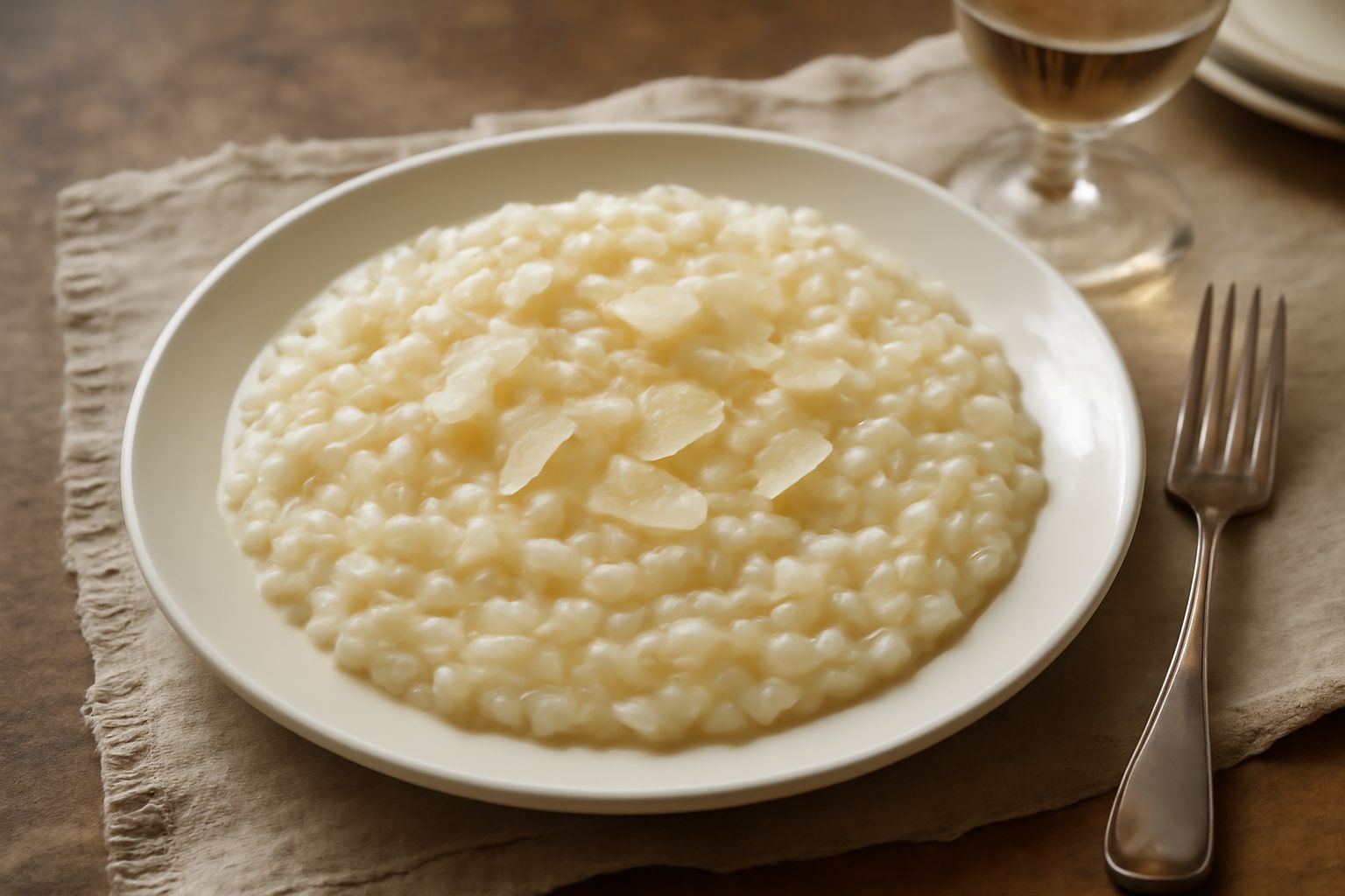 Piatto di risotto cremoso color bianco avorio con riflessi giallognoli, guarnito con scaglie sottili di Parmigiano Reggiano, un cucchiaio d'argento a sinistra, su tavolo bianco con tovaglia in lino
