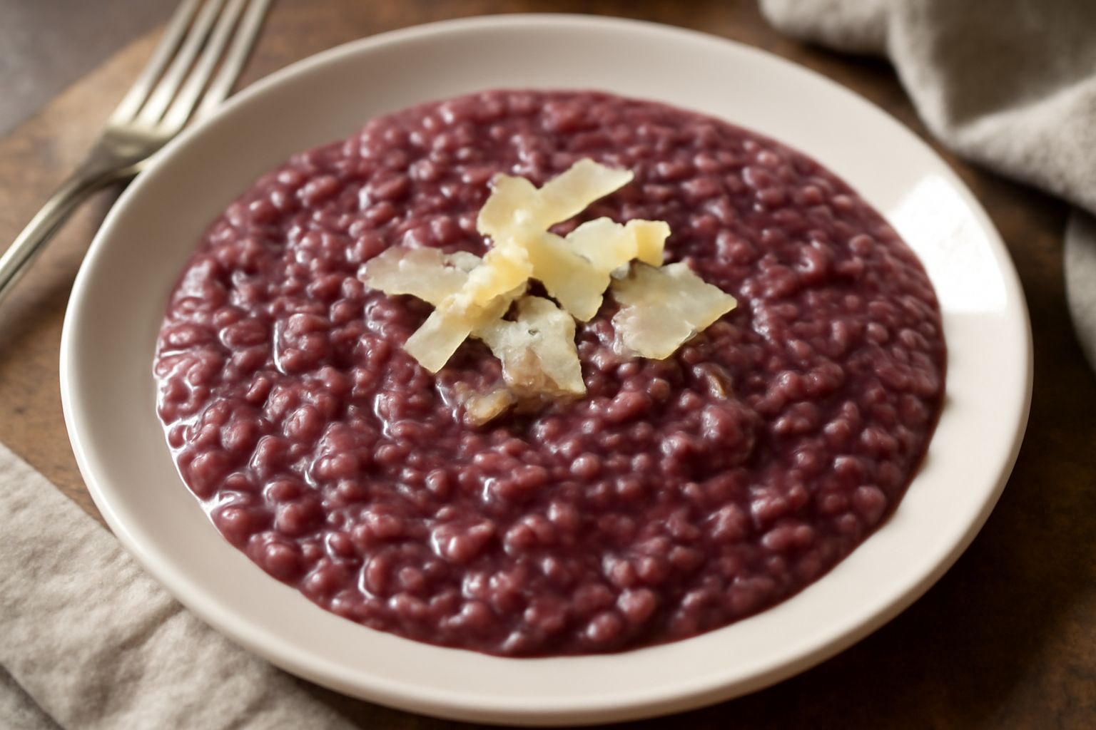 Risotto al radicchio rosso servito in piatto bianco, cremoso e dal colore viola-bordeaux intenso, guarnito con scaglie di parmigiano e un filo d'olio d'oliva, con radicchio rosso fresco sullo sfondo