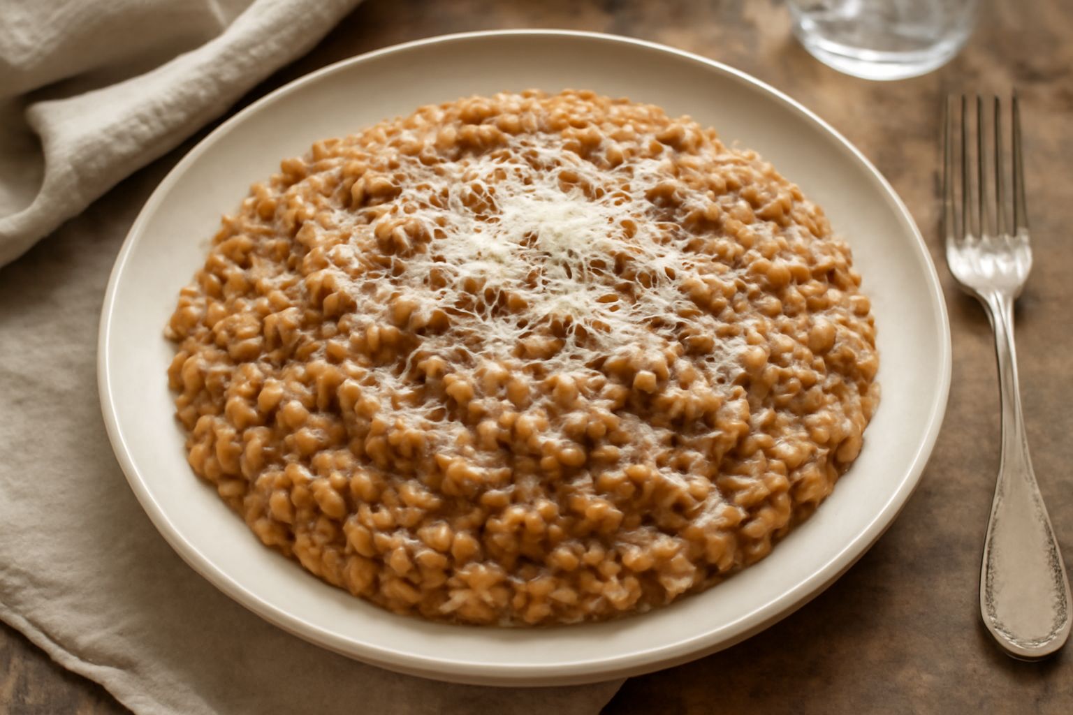 Un piatto fondo di risotto al ragù cremoso, dal colore beige scuro, con ragù di carne ben distribuito, guarnito con scaglie di parmigiano grattugiato e un filo di olio d'oliva, servito in porcellana b