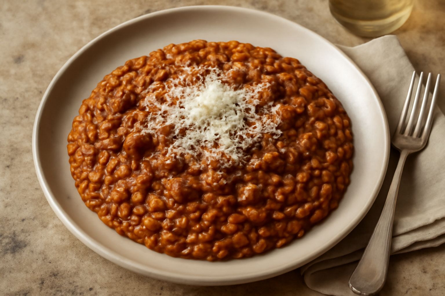 Piatto bianco con risotto cremoso di colore marrone dorato, ragù di carne visibile tra i chicchi, parmigiano reggiano grattugiato in superficie, cucchiaio di legno appoggiato al bordo