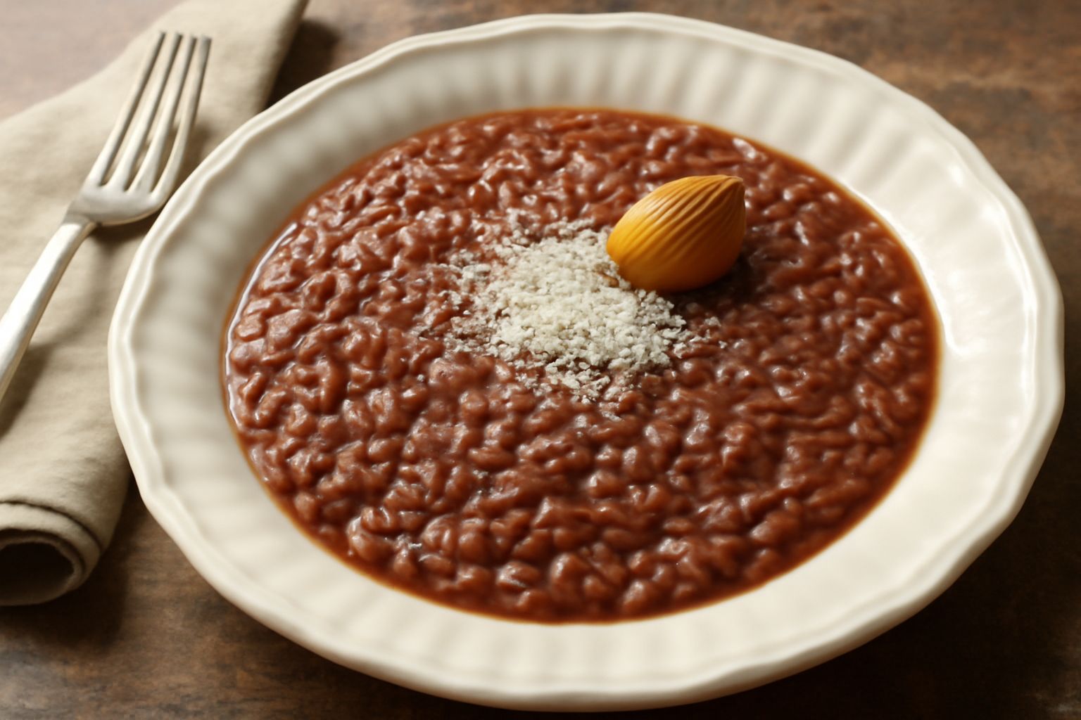 Risotto al Refosco servito in piatto bianco fondo, colore bruno-ocra, cremoso, con grana di riso visibile, broccato di burro nella parte centrale, ciliegia di scalogno rosso caramellato sopra
