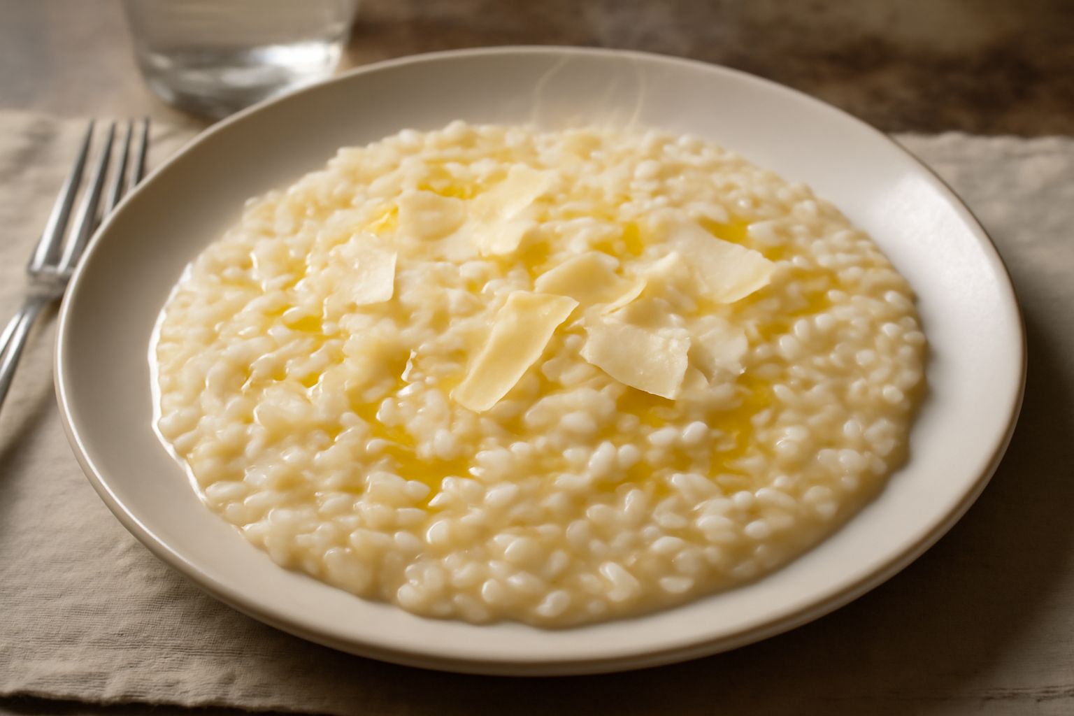Risotto cremoso di colore bianco avorio con riflessi dorati, servito in piatto fondo bianco, guarnito da scaglie di parmigiano grattugiato fresco e un rametto di prezzemolo verde
