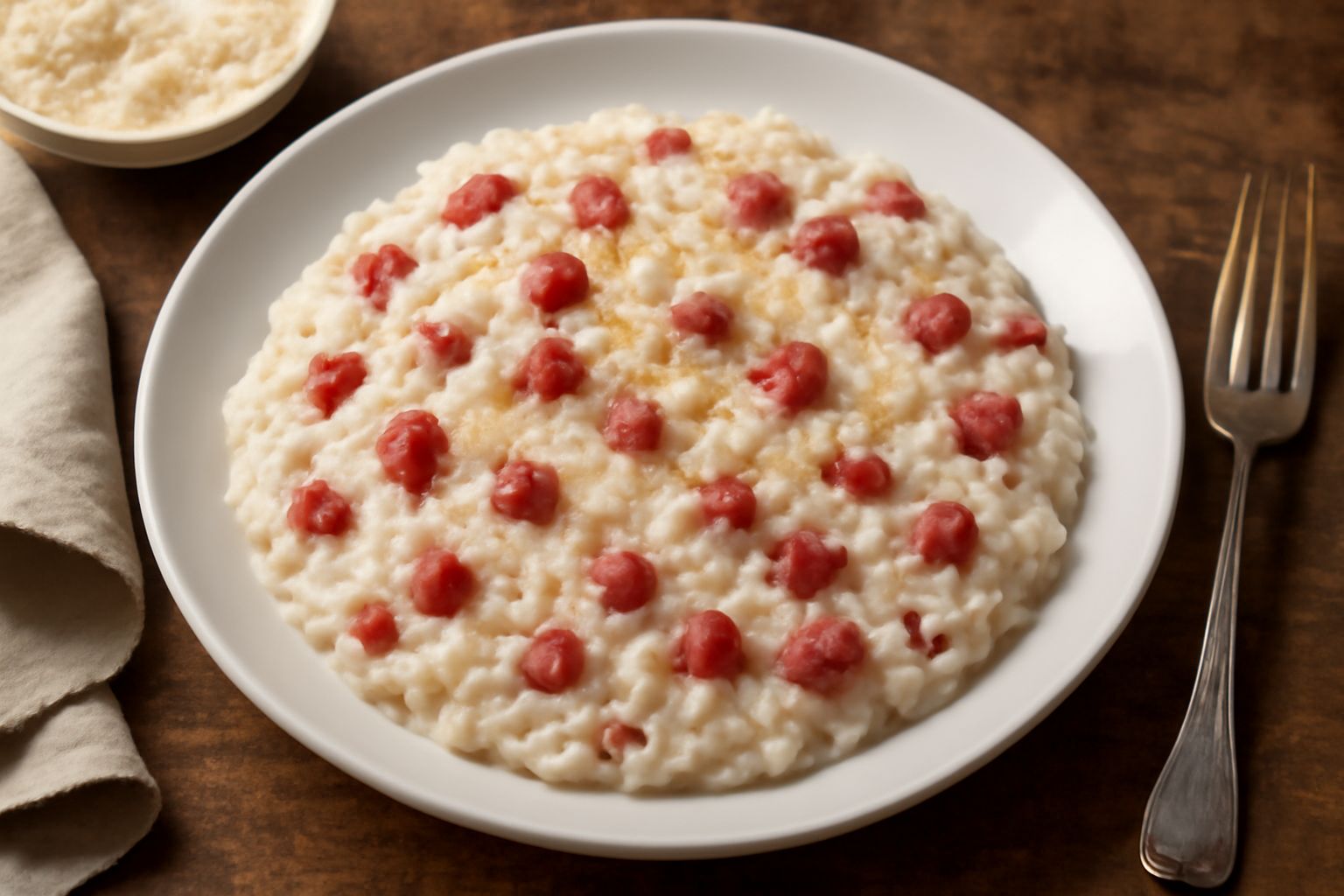 Piatto di risotto al salame cremoso, color bianco avorio con piccoli cubetti rossi di salame distribuiti uniformemente, grana di parmigiano sulla superficie, servito in piatto fondo bianco con cucchia