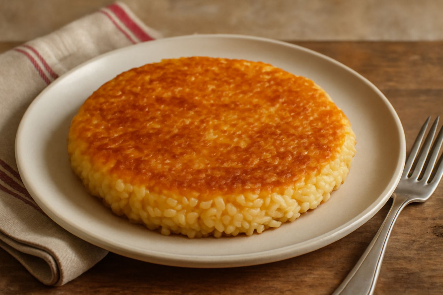 Risotto al salto dorato e croccante in padella di ferro, con una crosticina marrone scuro e interno cremoso visibile al taglio, guarnito da fettine sottili di parmigiano