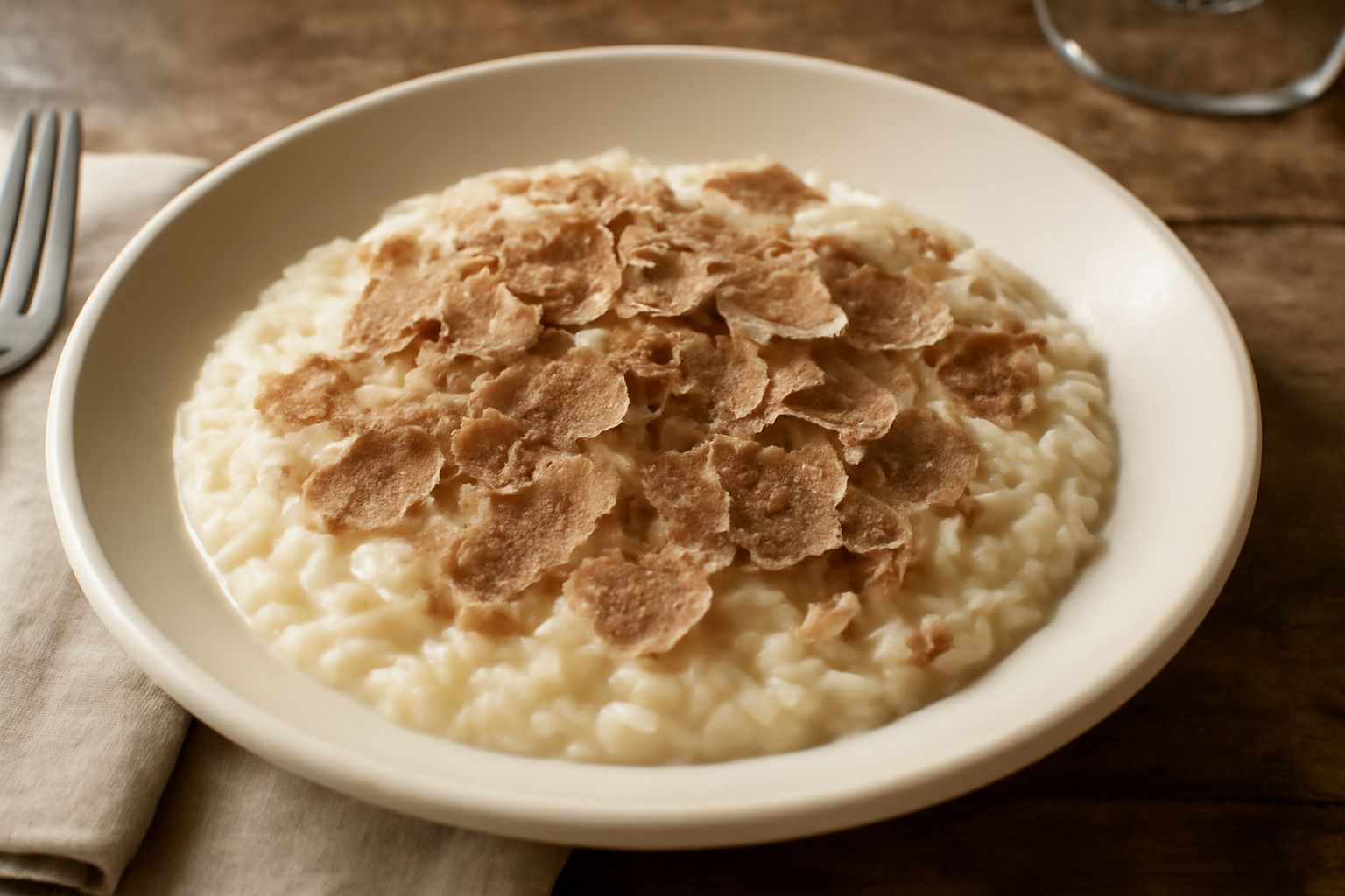Risotto cremoso di colore bianco avorio, con scaglie di tartufo bianco grattugiato in superficie, servito in un piatto fondo bianco con bordo nero, contornato da cucchiaio di legno