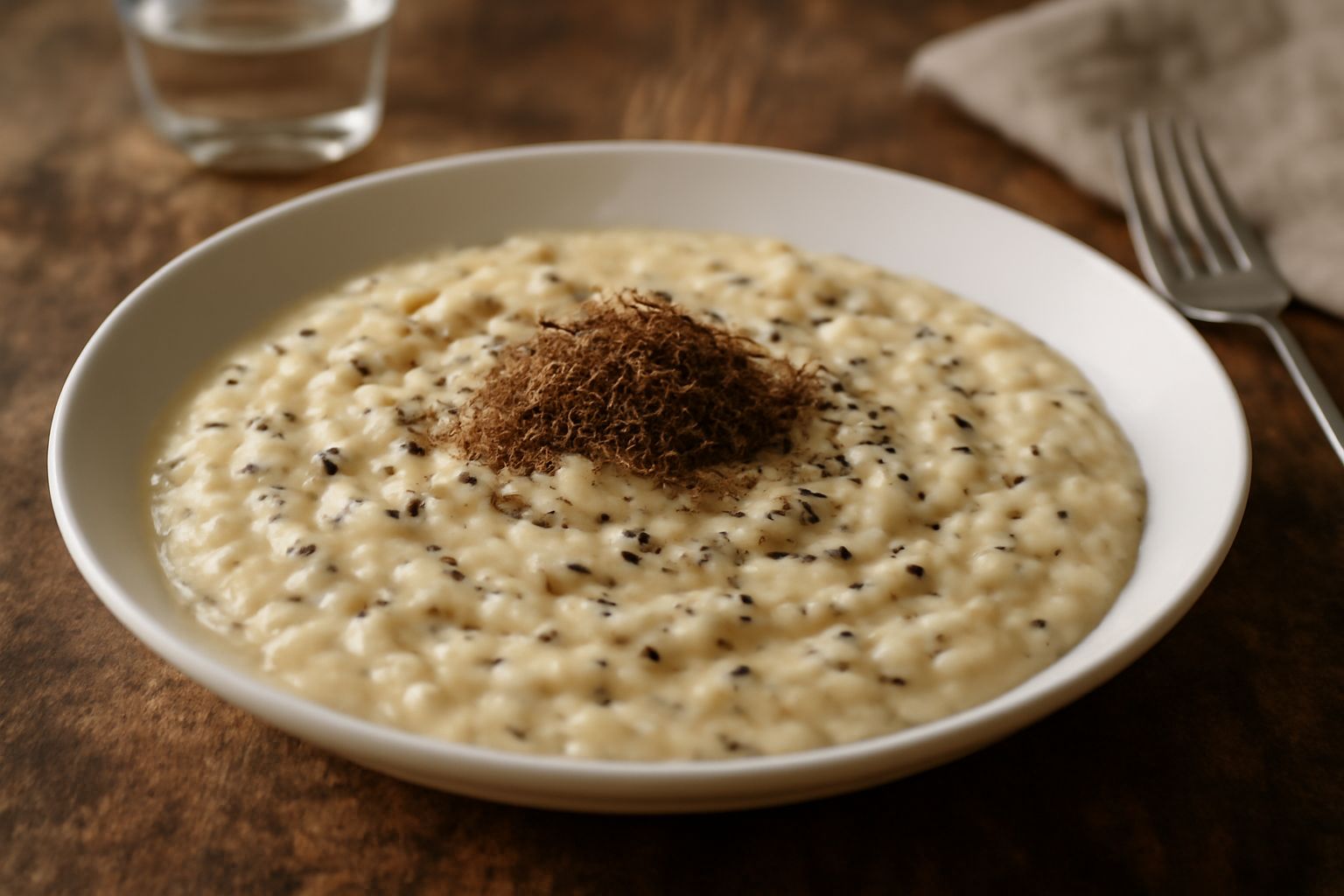 Risotto al tartufo in ciotola bianca, colore bianco crema con venature grigie del tartufo, mantecato con brillantezza, grattugiato di tartufo fresco sulla superficie