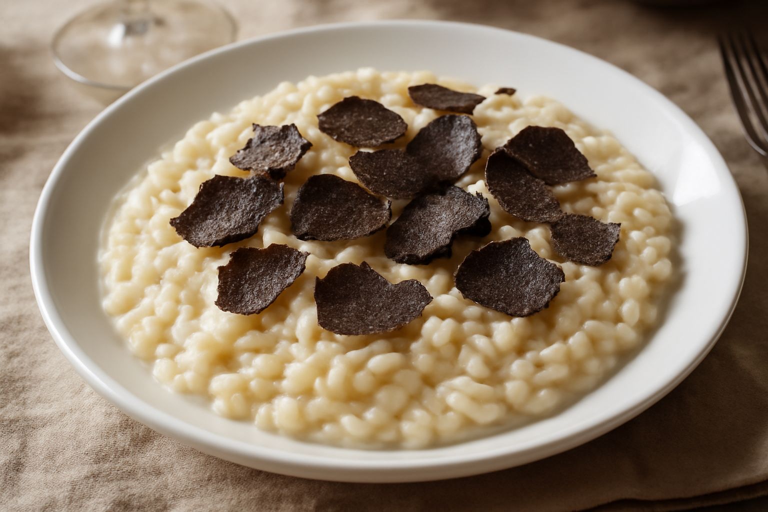 Risotto cremoso bianco in piatto fondo, decorato con scaglie dorate di tartufo nero sulla superficie e grana di formaggio, vapore appena visibile
