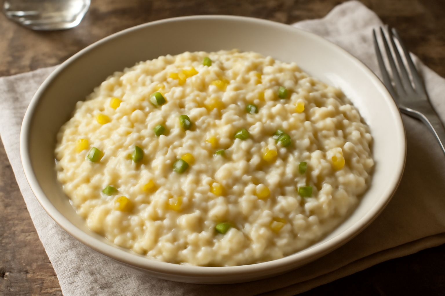 Piatto di risotto cremoso color avorio con verdure verdi e gialle, grani di sale marino visibili in superficie, parmigiano grattugiato, servito in ciotola bianca su tavolo di legno