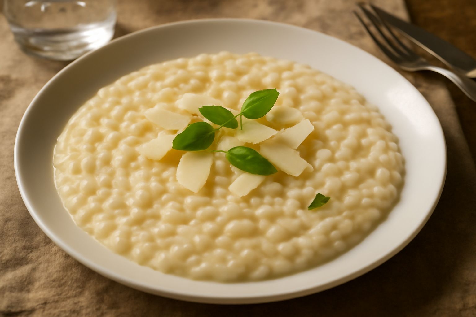 Risotto cremoso color avorio in piatto bianco, guarnito con scaglie di parmigiano reggiano e prezzemolo fresco, fumante, con cucchiaio in acciaio a sinistra