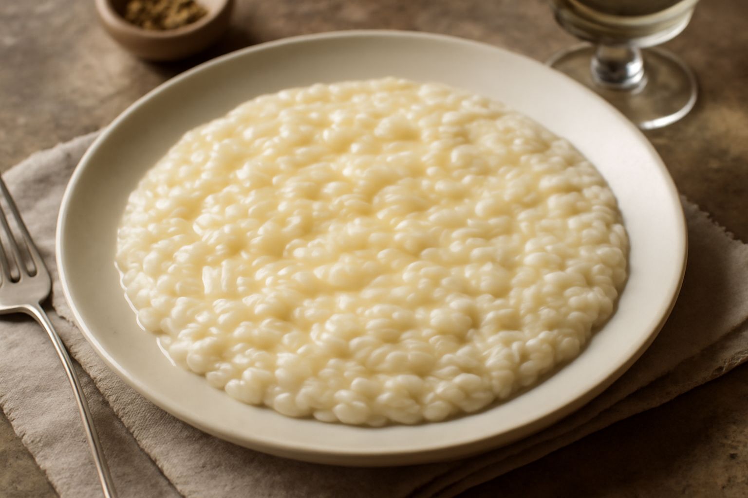 Piatto di risotto al vino bianco con chicchi di riso giallo cremosi, burro sciolto in superficie, parmigiano grattugiato e prezzemolo fresco come guarnizione