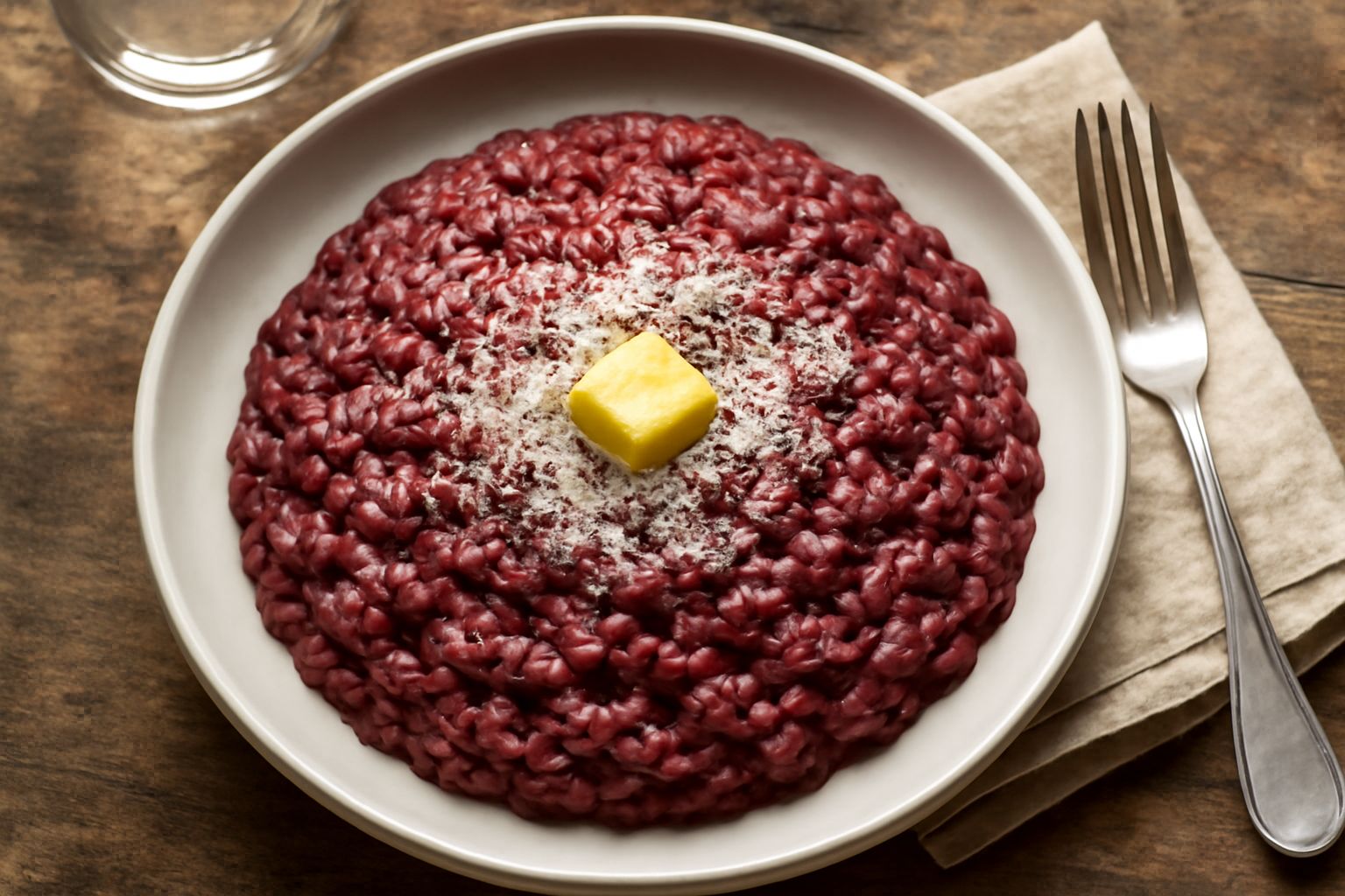Piatto di risotto al vino rosso con colore rosso intenso, superficie cremosa, grattugiata di parmigiano bianco in cima, presentato in un piatto fondo bianco.