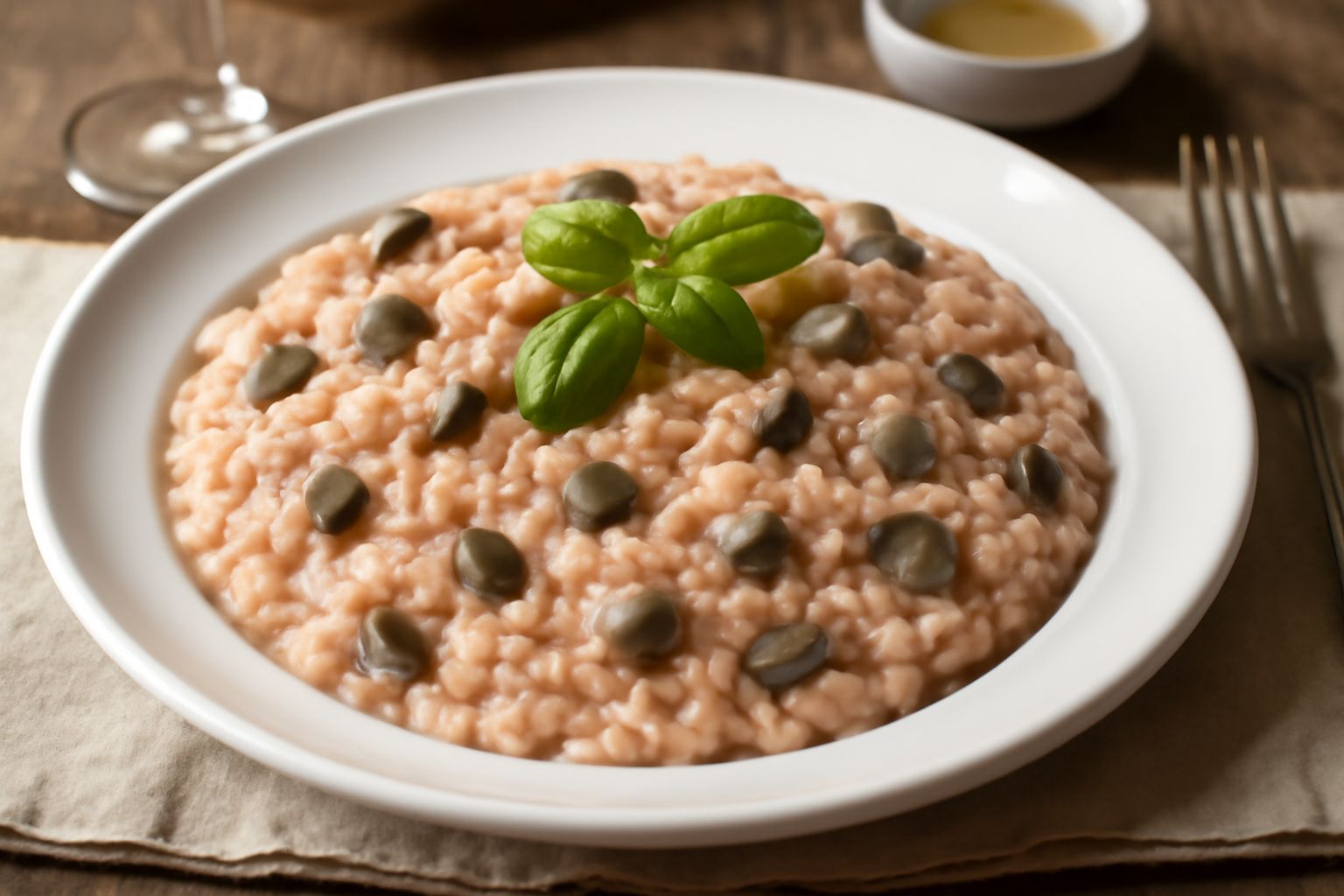 Un piatto di risotto cremoso di colore arancio rosato, decorato con melanzane grigie-viola e una foglia di basilico fresco verde al centro, servito in un piatto bianco con un filo di olio d'oliva