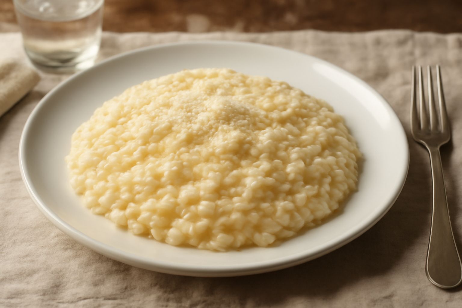Risotto alla bergamasca servito in piatto bianco, cremoso e compatto, colore avorio dorato, grana di riso visibile in superficie, burro dorato e formaggio grattugiato in evidenza