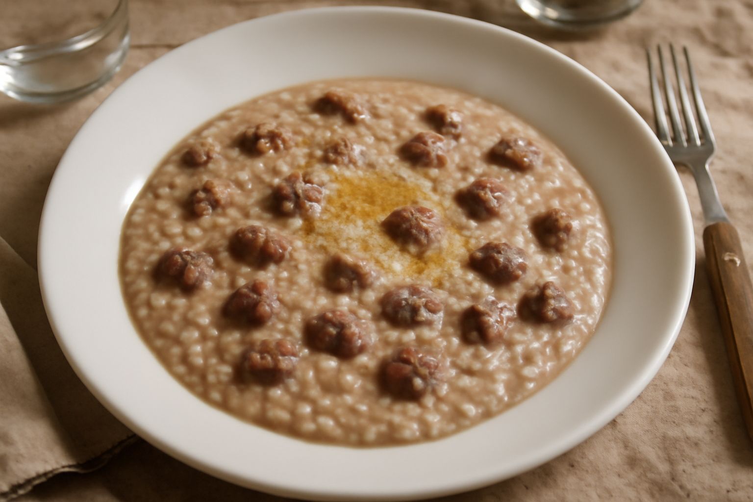 Piatto fondo con risotto cremoso di colore beige-avorio, condito con bocconcini di carne scura, grattugia di parmigiano bianco sulla superficie, burro fuso visibile, servito in piatto ceramica bianca 