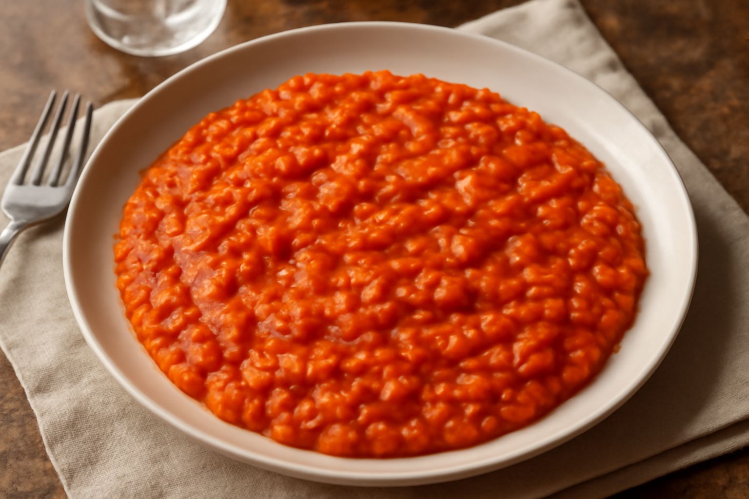 Risotto cremoso di colore arancione e rosso intenso in piatto bianco fondo, decorato con fettine sottili di peperone rosso crudo, scaglie di pecorino e una manciata di prezzemolo fresco, vapore appena