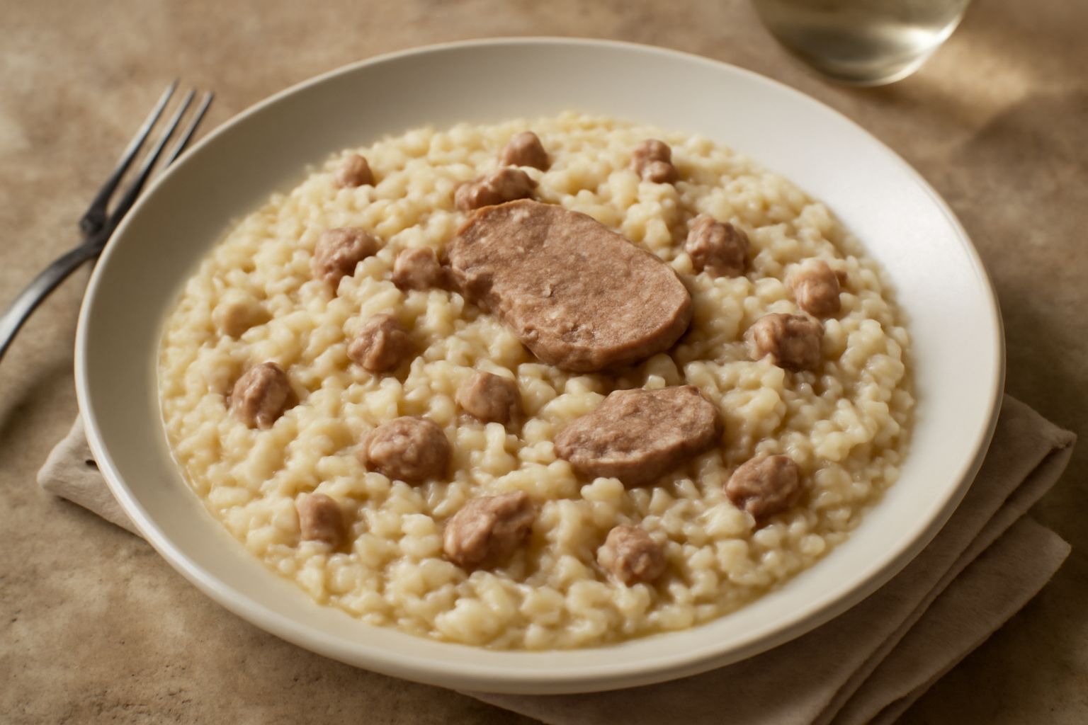 Risotto cremoso con carne di vitello tagliata in pezzetti, presentato in piatto bianco fondo con cucchiaio di legno, riso ben cotto visibilmente bagnato e lucido, guarnito da fettine sottili di vitell