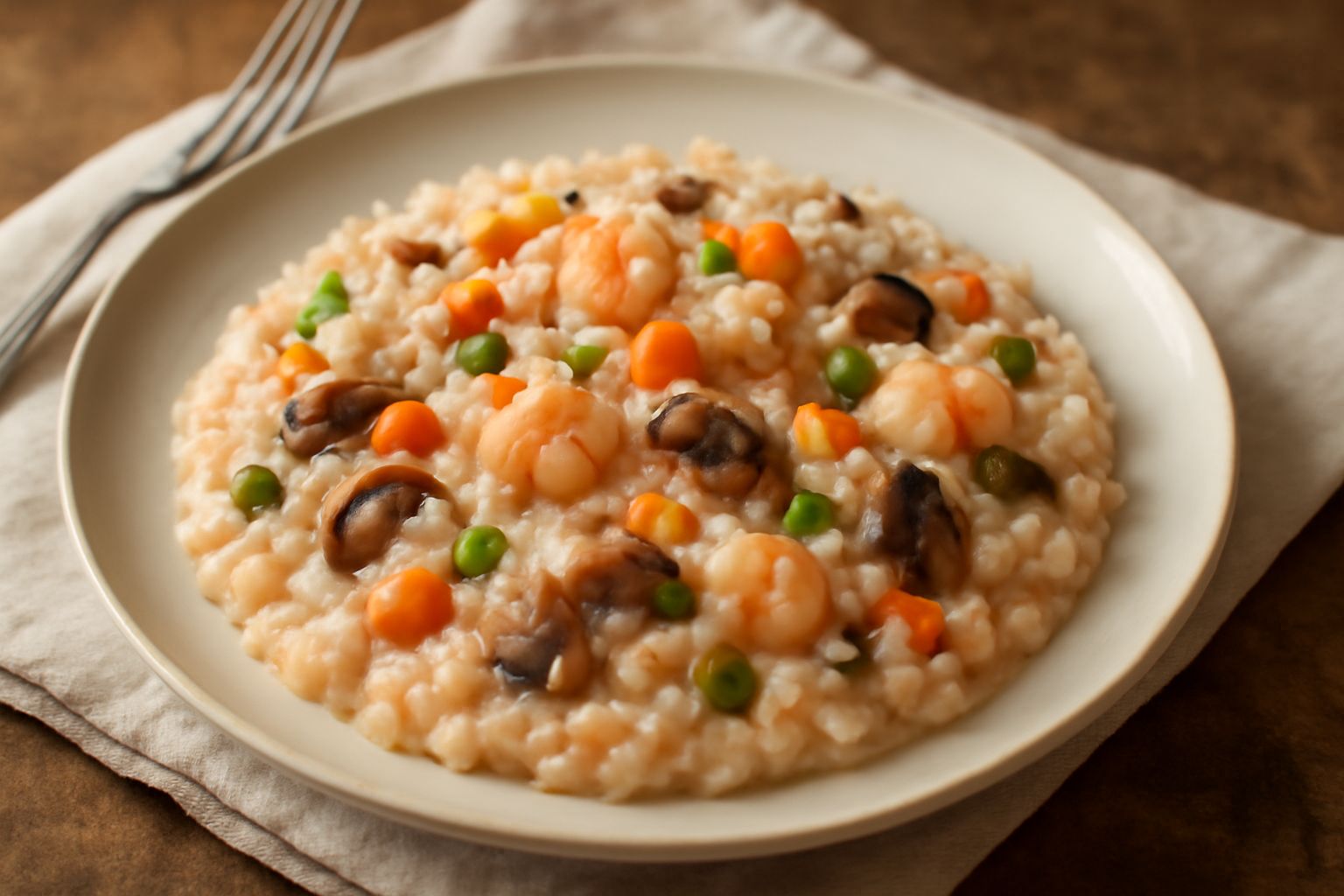 Piatto di risotto cremoso color avorio con pezzetti rossi di rana pescatrice, piselli verdi brillanti, brunastri funghi e carota arancione, servito in ciotola bianca con cucchiaio