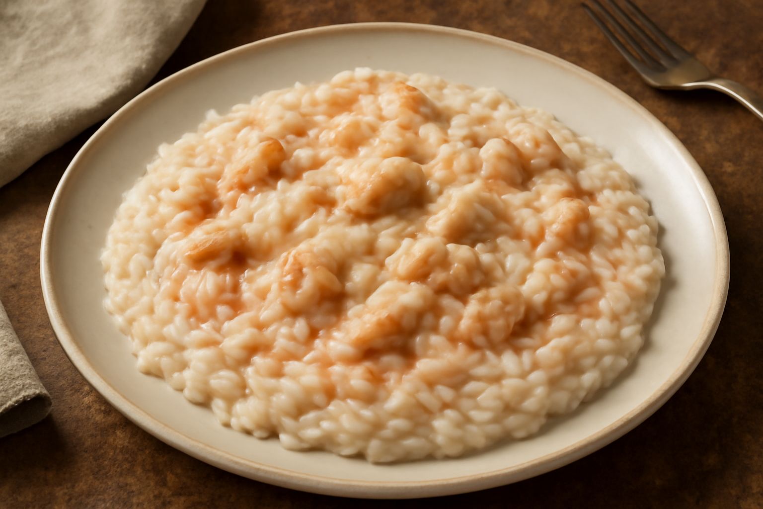 Piatto di risotto bianco e rosa con riso cremoso, pezzetti di pesce bianco e rosso di pomodoro, guarnito con prezzemolo fresco e una nocciolina di burro al centro, servito in piatto fondo bianco