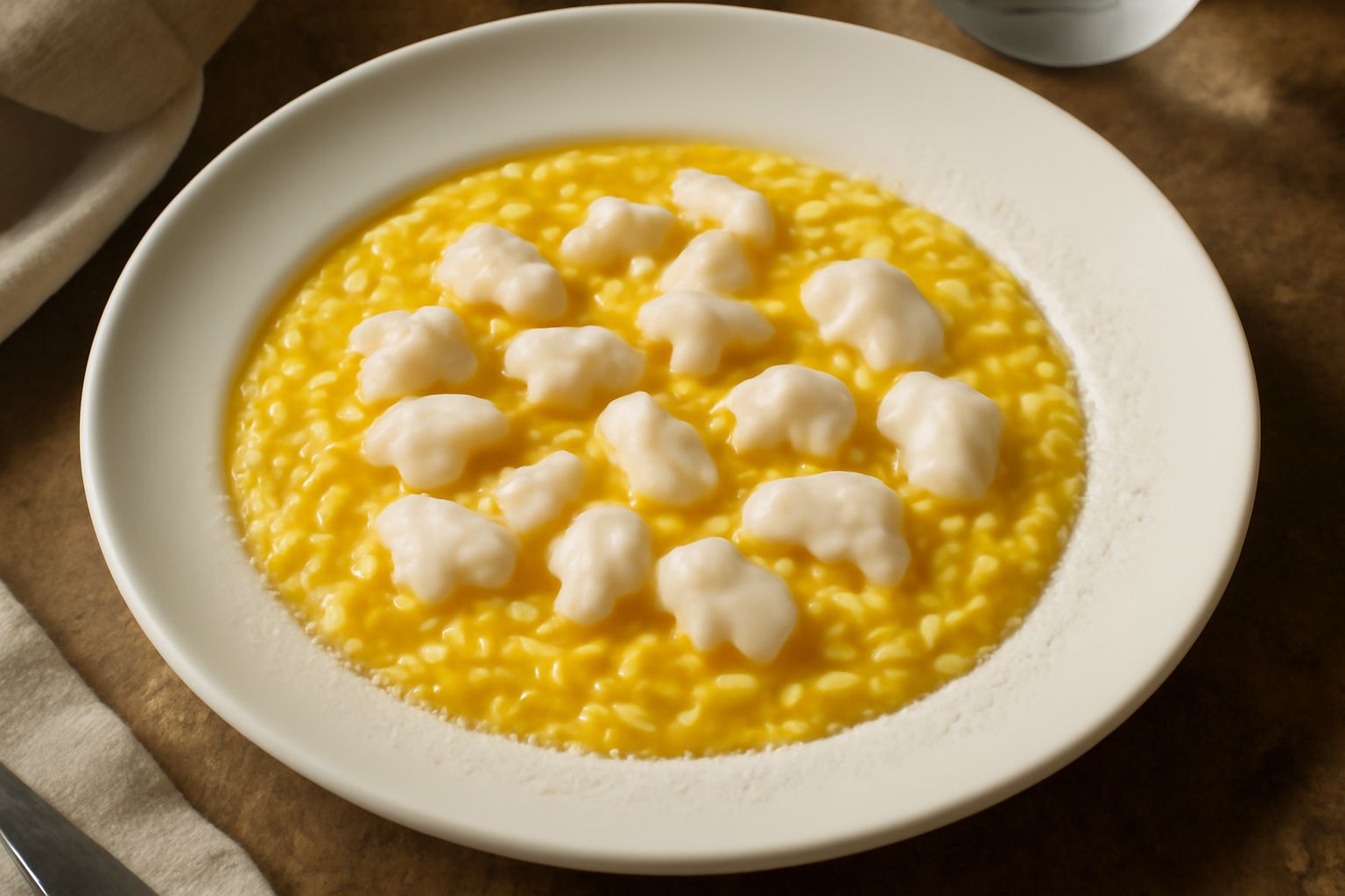 Piatto fondo bianco con risotto cremoso giallo dorato, pezzetti di pesce bianco sparsi in superficie, gocce di brodo ancora visibili, grattugiata di parmigiano reggiano, bordo del piatto asciutto