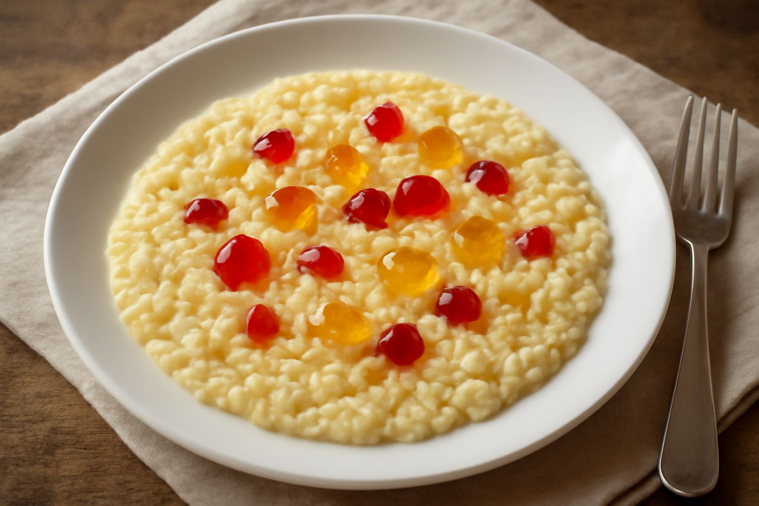 Piatto di risotto giallo-dorato con granelli di mostarda rossi e gialli distribuiti in superficie, guarnito con scaglie di Grana Padano bianche, servito su piatto fondo bianco con cucchiaio.