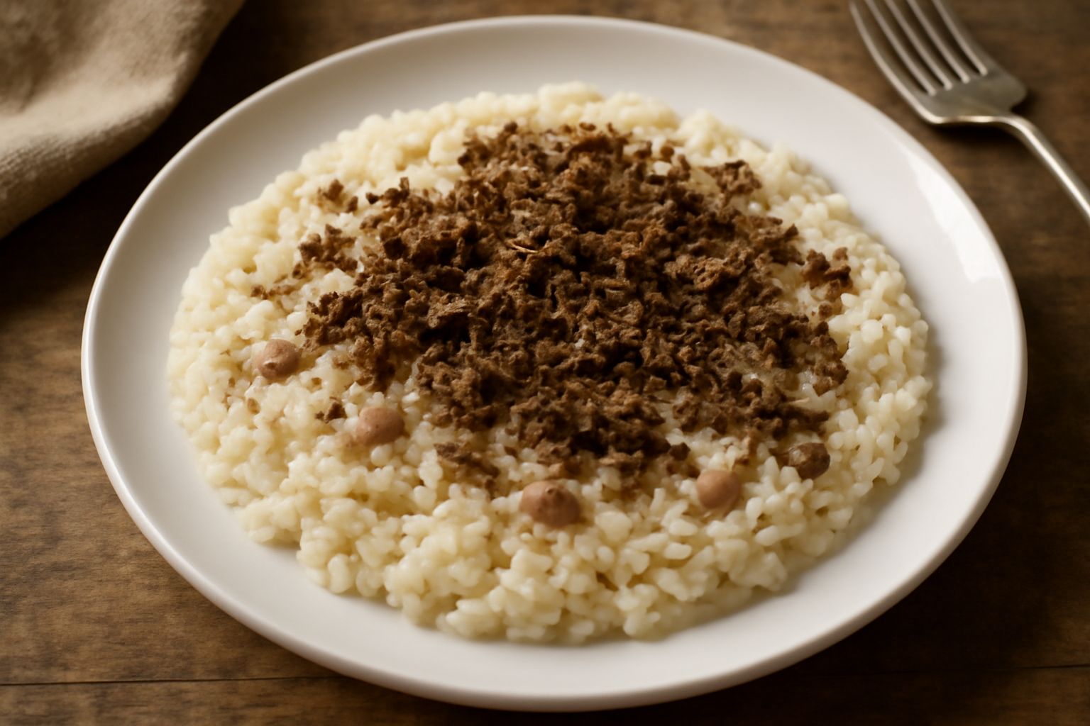 Piatto di risotto bianco cremoso con piccoli pezzi di rana, grattugia di tartufo nero in superficie, burro e parmigiano, servito in piatto fondo bianco, decorato con una foglia di prezzemolo