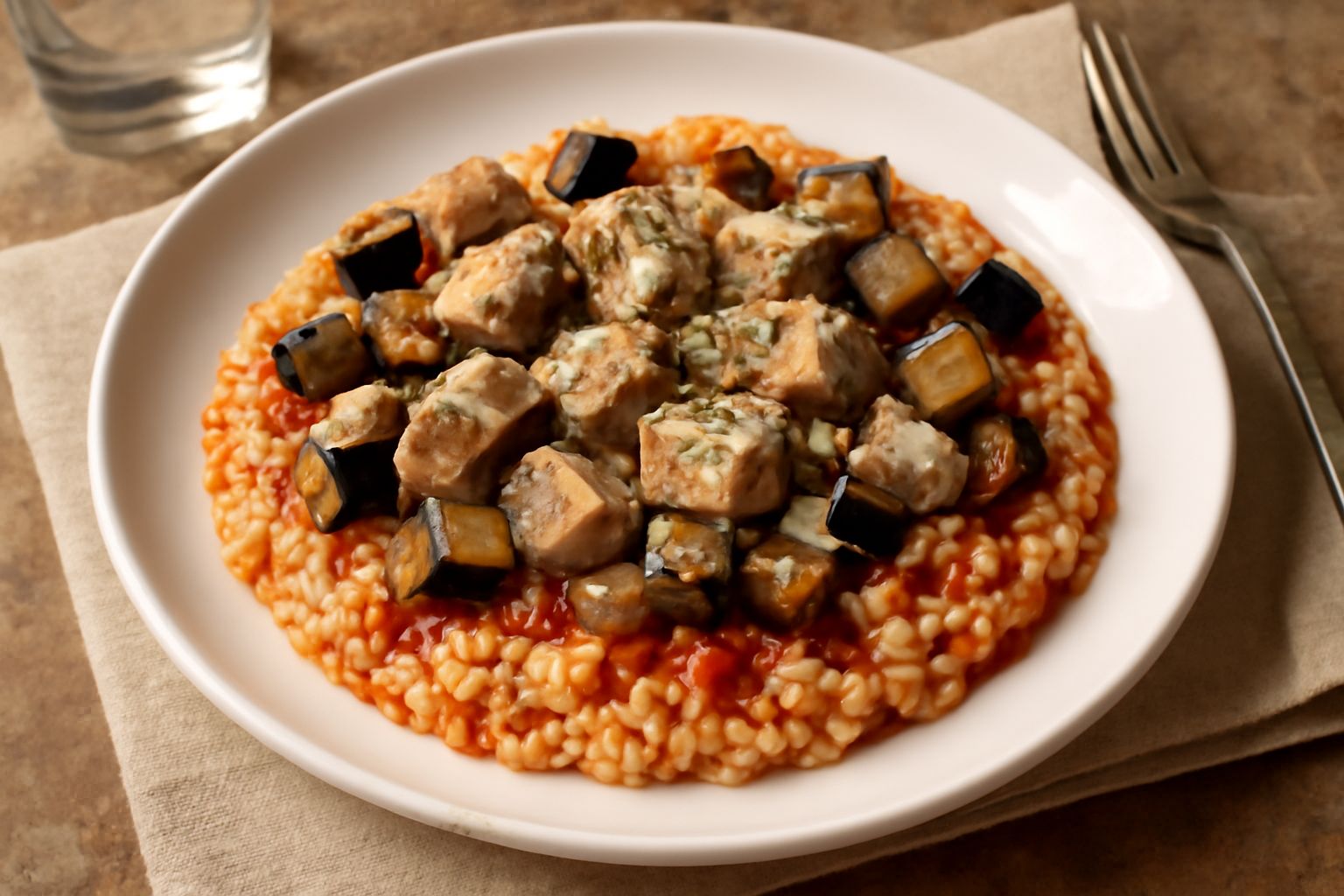 Piatto di risotto alla messinese con riso cremoso bianco, pezzi di pesce spada grigio-argento, melanzane viola scure fritte e sugo rosso di pomodoro, guarnito con prezzemolo verde e parmigiano grattug