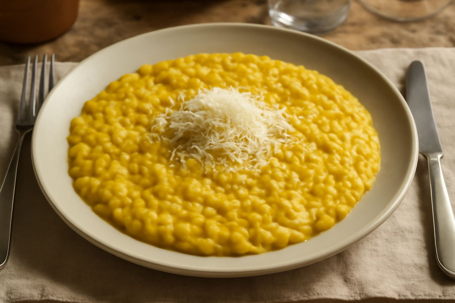 Un piatto di risotto alla milanese con riso cremoso color giallo dorato, grani di riso interi in un fondo di brodo, guarnito con un pezzo di midollo fresco e parmigiano grattato visibile in superficie