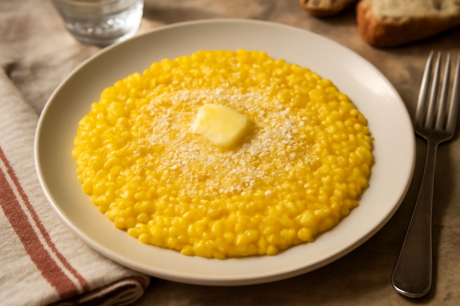 Risotto alla milanese bresciana servito in piatto bianco fondo, di colore giallo dorato uniforme, con riflessi luminosi sul riso cremoso, una noce di burro sulla vetta, spolverata di parmigiano grattu