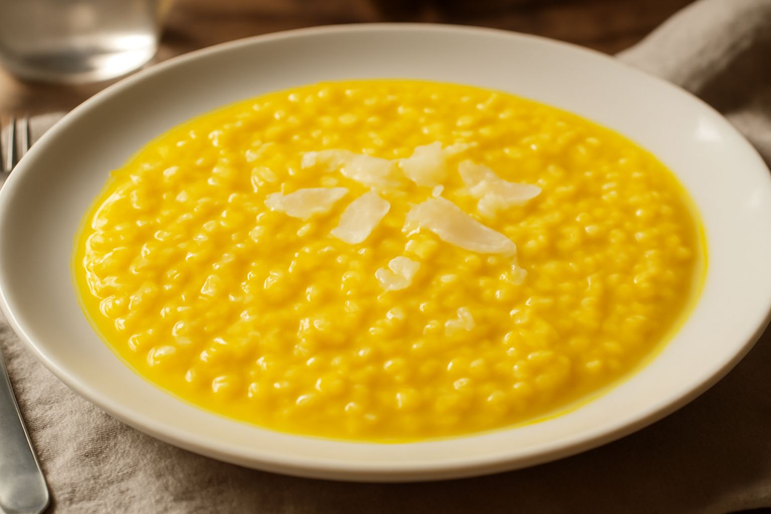Risotto giallo dorato con grani di riso ben distinti, servito in piatto fondo bianco, guarnito con scaglie di parmigiano reggiano e un pezzetto di burro fresco in cima