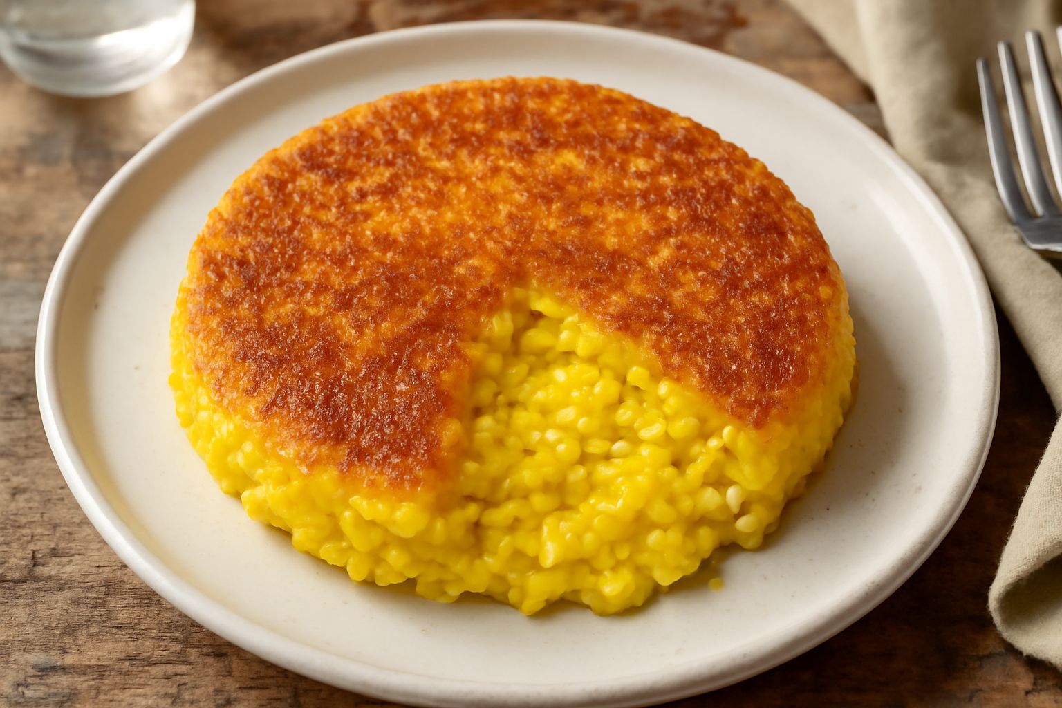 Un piatto bianco con risotto alla milanese giallo acceso dal zafferano, con una crosta dorata e croccante visibile sulla superficie, guarnito con petali di zafferano, un cucchiaio accanto e una padell
