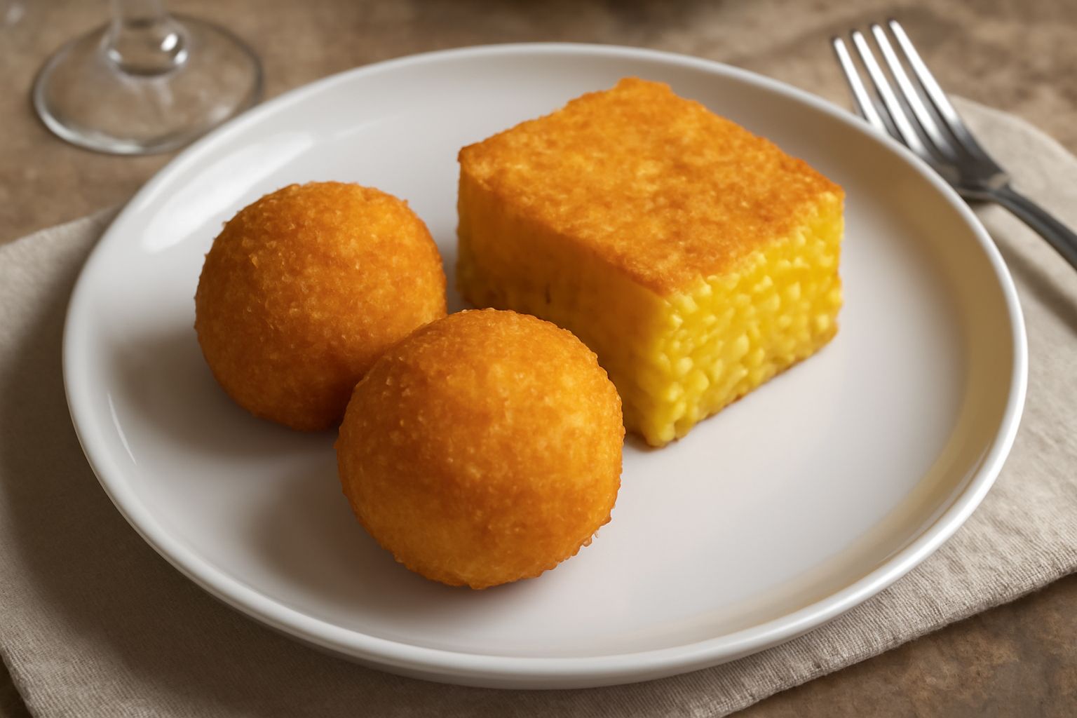 Tre arancini dorati e croccanti disposti su un piatto bianco, tagliati a metà per mostrare il ripieno di ragù e mozzarella, accanto a una ciotola di pomodoro fresco