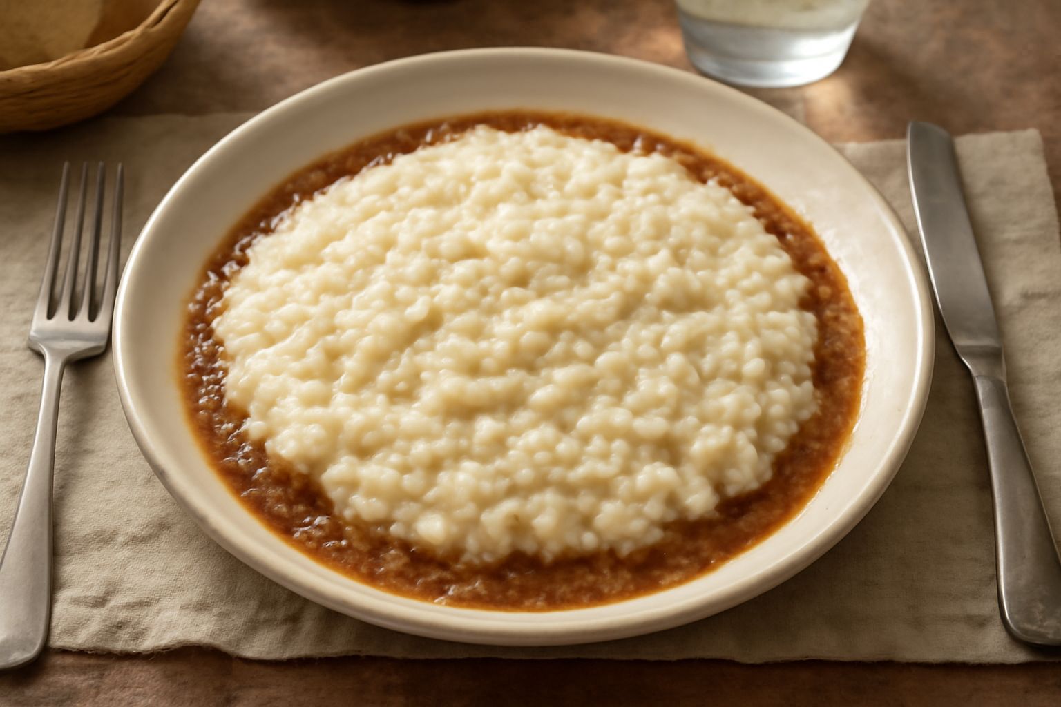Risotto color avorio e marrone uniforme, servito in piatto fondo bianco, con ragù di carne visibile e cremosità in superficie, guarnito da formaggio grattugiato e parsley fresca