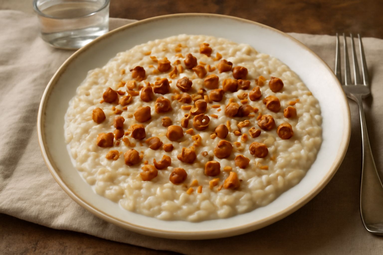Un piatto bianco con risotto cremoso giallo-beige, granelli di nocciola tostata sparsi in superficie, riflessi dorati, una fogliolina di prezzemolo fresco al centro e grattugia di parmigiano bianca in