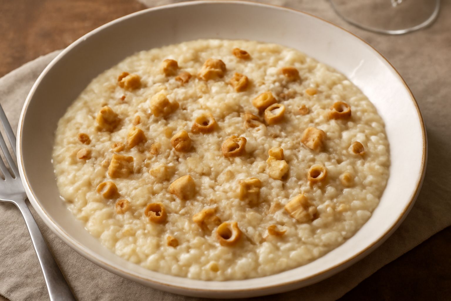 Risotto cremoso di colore bianco e beige in piatto fondo bianco, con nocciole tostate sparse sulla superficie, burro fuso che luccica, pezzetti di nocciola visibili nella cremosità e una grattugia di 