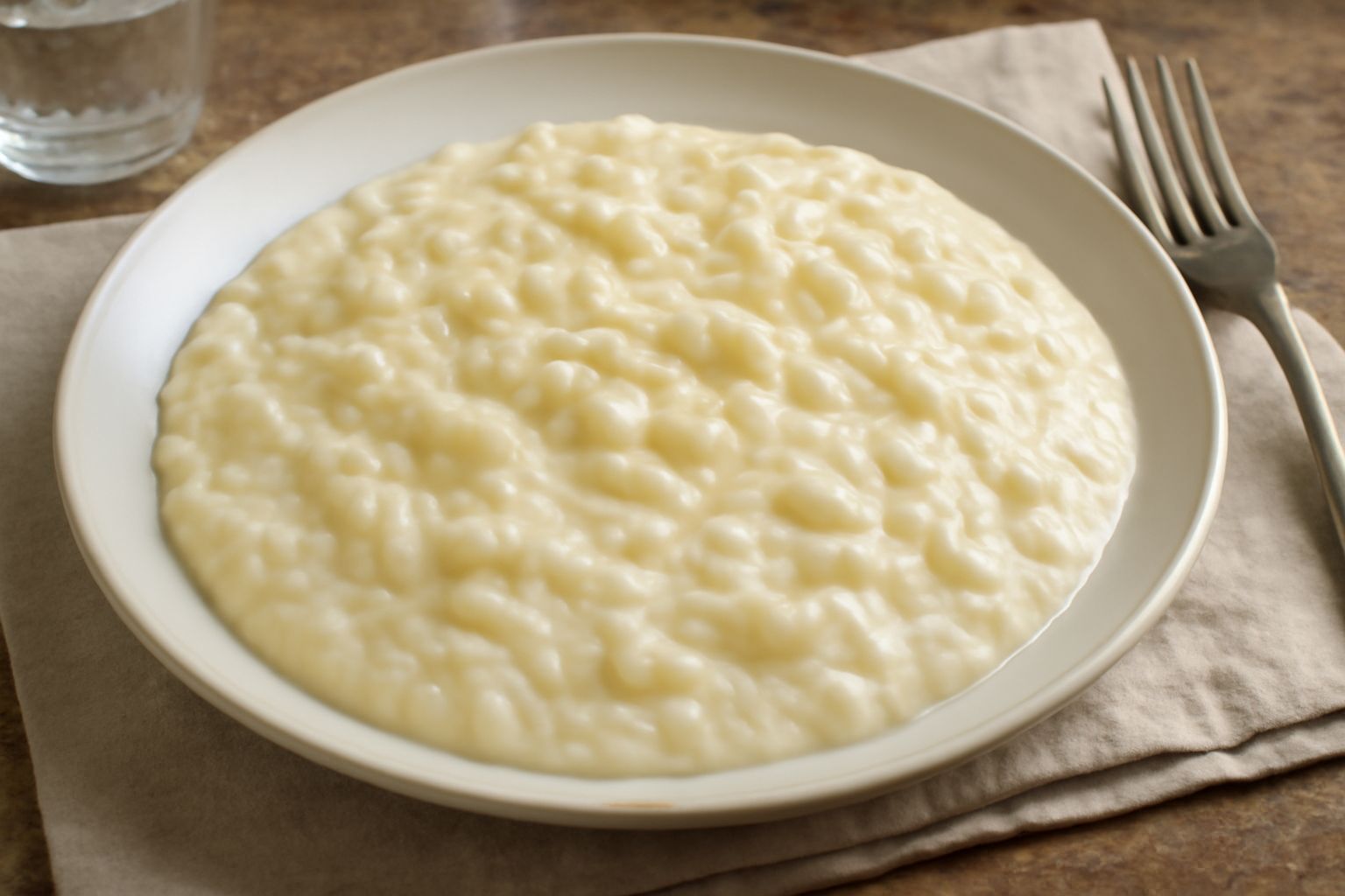 Un piatto bianco con risotto alla panna di colore bianco crema, superficie leggermente ondulata e brillante dalla mantecatura, con una noce di burro dorato al centro e qualche grano di riso ben visibi