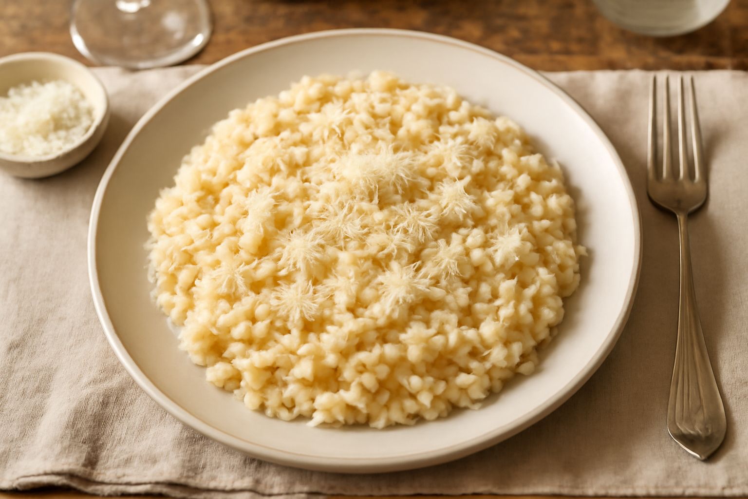 Risotto alla parmigiana in piatto bianco, cremoso e giallo, con scaglie di parmigiano reggiano e un pezzo di burro che si scioglie al centro, su tavolo di legno chiaro