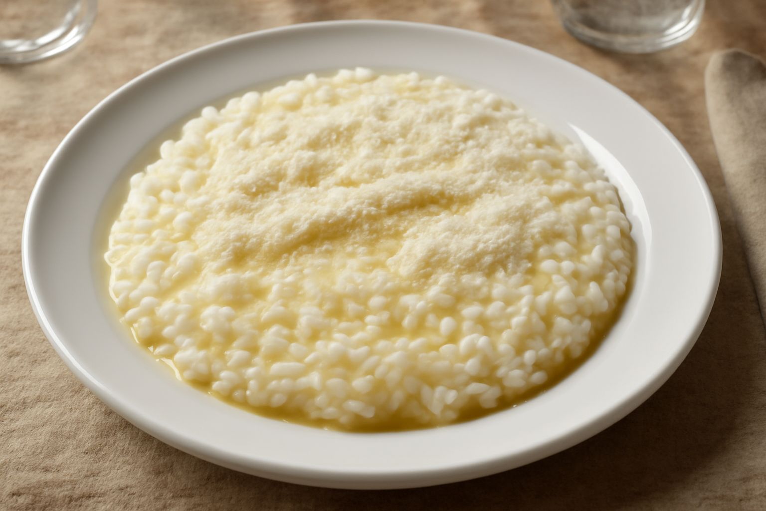Risotto alla pavese servito in piatto bianco, cremoso e biancastro, con grani di riso visibili e leggermente dorato, guarnito con parmigiano reggiano grattugiato e una nocciolina di burro al centro
