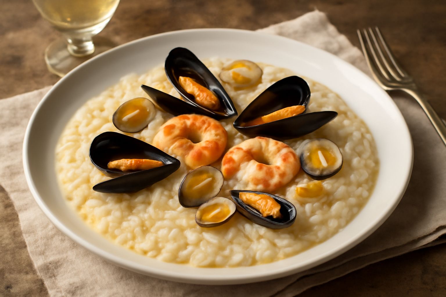 Risotto cremoso bianco e beige in piatto fondo, con cozze nere e vongole gialle sparse in superficie, gocce di olio fresco, prezzemolo verde e limone affettato a lato