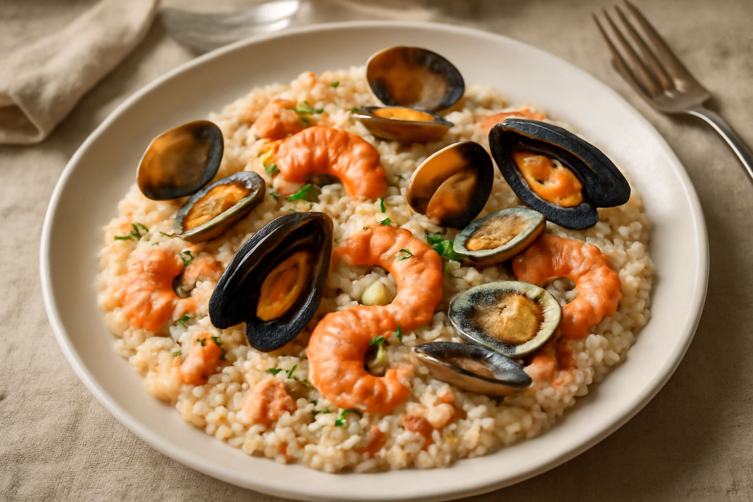 Un piatto fondo di risotto alla pescatora di colore bianco panna con vongole, cozze e gamberetti sparsi in superficie, decorato con prezzemolo fresco tritato e limone a spicchi sul bordo