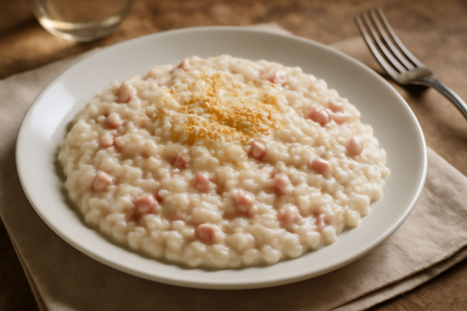 Un piatto di risotto cremoso di colore bianco-avorio con pezzetti di mortadella rosa, parmigiano grattugiato in superficie, mantecato con burro e brodo caldo, guarnito con prezzemolo fresco verde