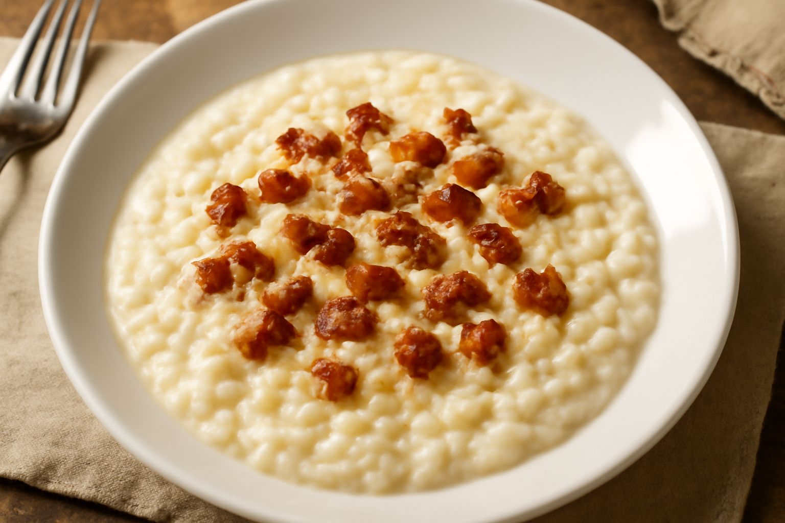 Un piatto di risotto alla reatina servito in un piatto bianco fondo: riso cremoso di colore bianco panna, visibili frammenti di pancetta croccante e dorata, spolverato di formaggio grattugiato giallas