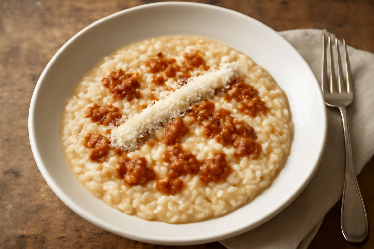 Risotto cremoso color avorio con ragù marrone scuro distribuito in superficie, parmigiano grattugiato fresco, burro che fonde, servito in piatto fondo bianco
