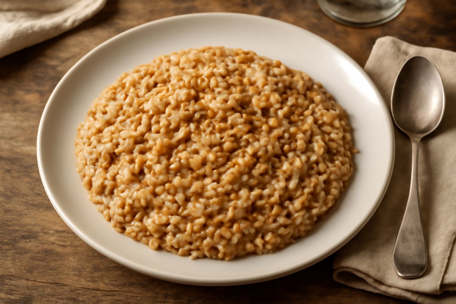 Risotto alla romagnola in piatto bianco: riso cremoso di colore beige-marrone con ragù di carne visibile, guarnito con parmigiano grattugiato e un filo d'olio, su fondo neutro