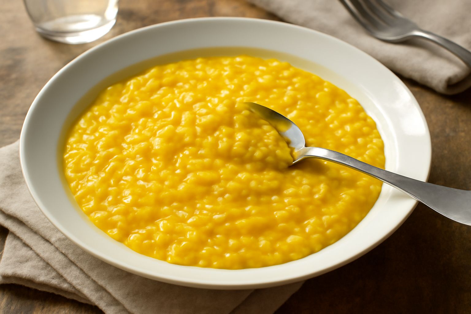 Risotto alla saffranada servito in un piatto bianco fondo, cremoso e giallo oro brillante, guarnito con una fogliolina di prezzemolo fresco e grana padano grattugiato, con bordo del piatto pulito