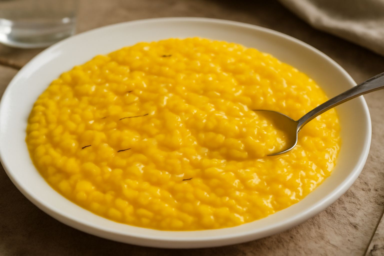 Risotto alla saffranata in piatto bianco, colore giallo dorato, cremoso con grana di riso visibile, condito con burro e parmigiano grattugiato, guarnito con uno stecchino di zafferano